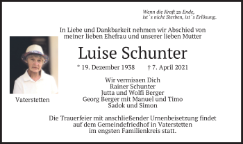 Traueranzeige von Luise Schunter von merkurtz