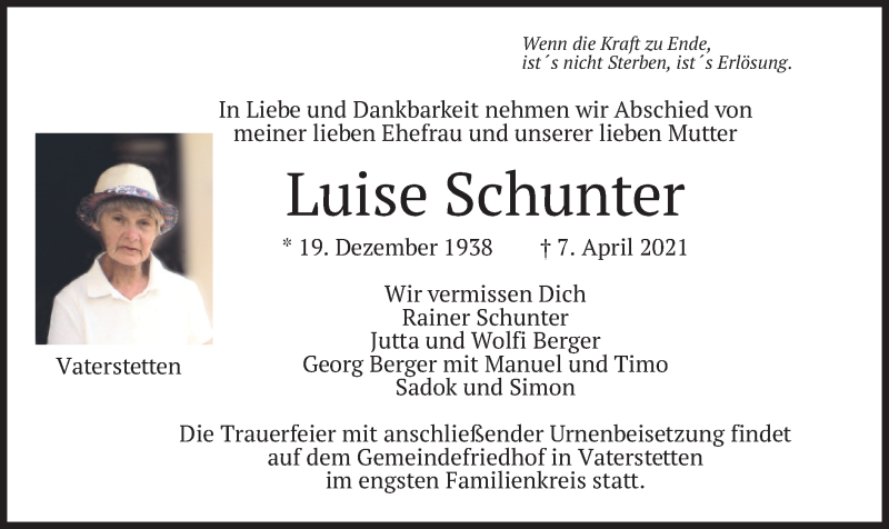  Traueranzeige für Luise Schunter vom 24.04.2021 aus merkurtz