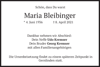 Traueranzeige von Maria Bleibinger von merkurtz
