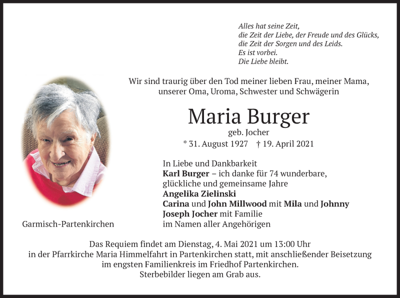 Traueranzeige für Maria Burger vom 24.04.2021 aus merkurtz