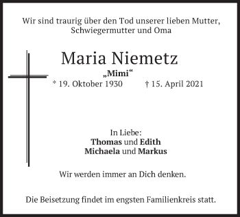 Traueranzeige von Maria Niemetz von merkurtz