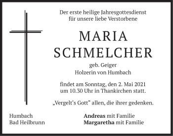 Traueranzeige von Maria Schmelcher von merkurtz