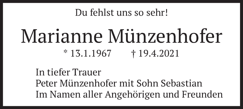  Traueranzeige für Marianne Münzenhofer vom 24.04.2021 aus merkurtz