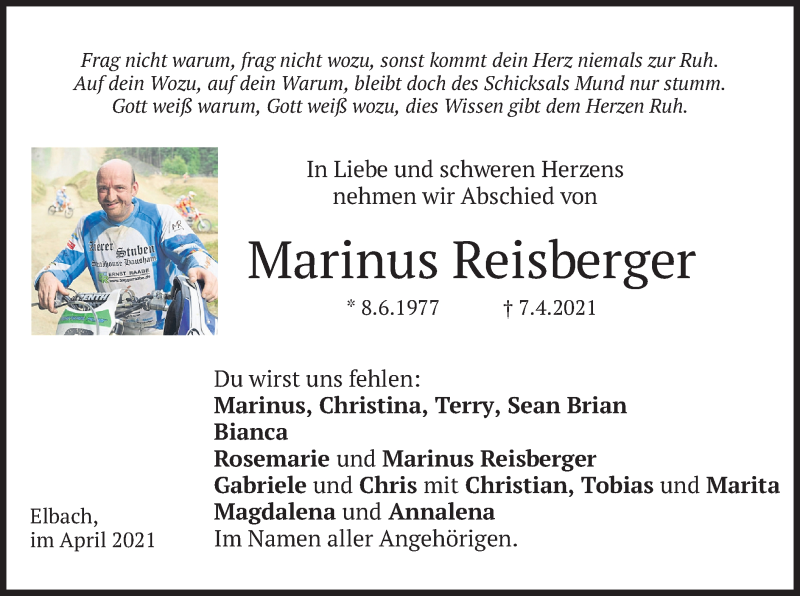  Traueranzeige für Marinus Reisberger vom 10.04.2021 aus merkurtz