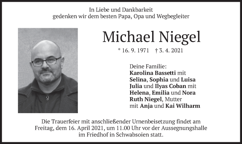  Traueranzeige für Michael Niegel vom 13.04.2021 aus merkurtz