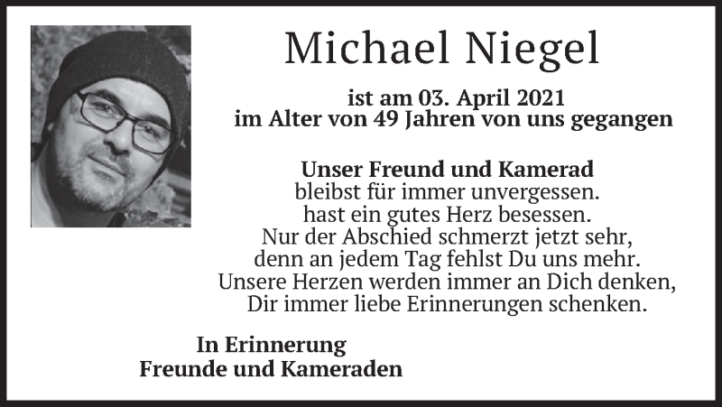  Traueranzeige für Michael Niegel vom 16.04.2021 aus merkurtz