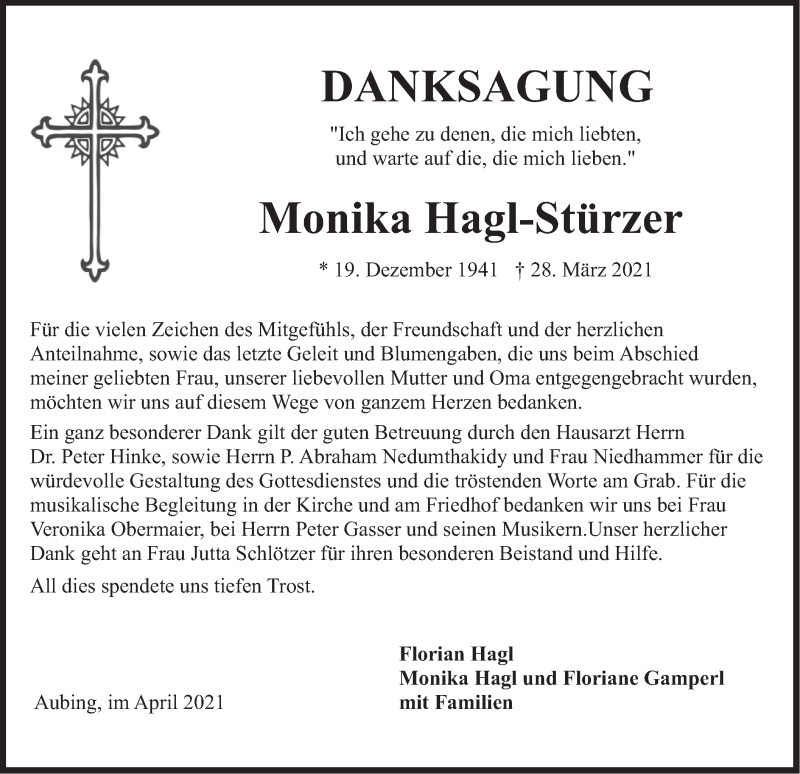  Traueranzeige für Monika Hagl-Stürzer vom 24.04.2021 aus merkurtz