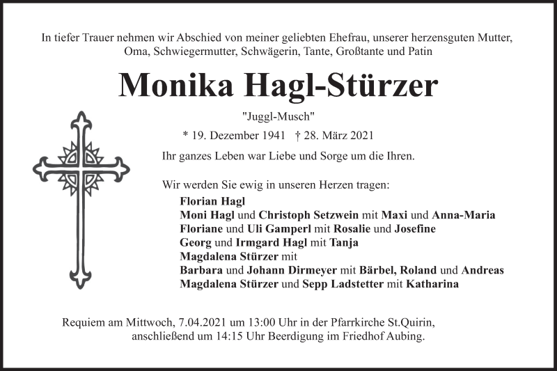  Traueranzeige für Monika Hagl-Stürzer vom 03.04.2021 aus merkurtz