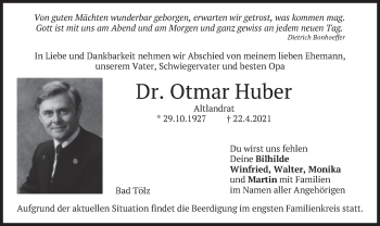 Traueranzeige von Otmar Huber von merkurtz
