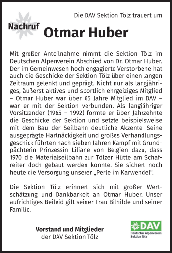 Traueranzeige von Otmar Huber von merkurtz