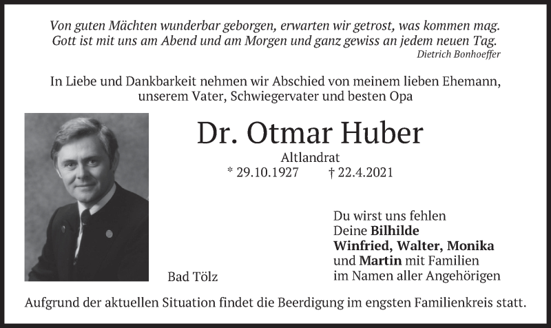  Traueranzeige für Otmar Huber vom 24.04.2021 aus merkurtz