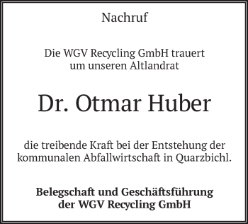 Traueranzeige von Otmar Huber von merkurtz