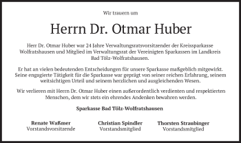 Traueranzeige von Otmar Huber von merkurtz