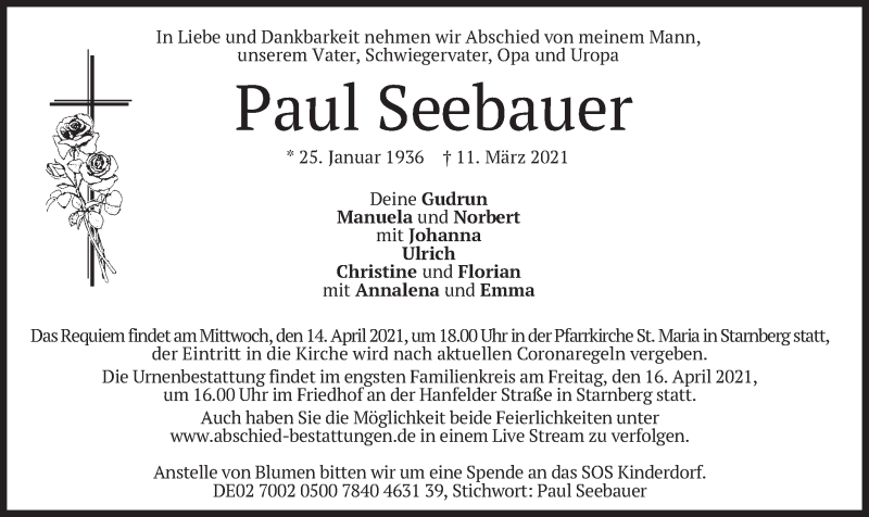  Traueranzeige für Paul Seebauer vom 10.04.2021 aus merkurtz