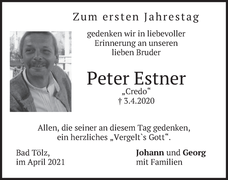  Traueranzeige für Peter Estner vom 03.04.2021 aus merkurtz