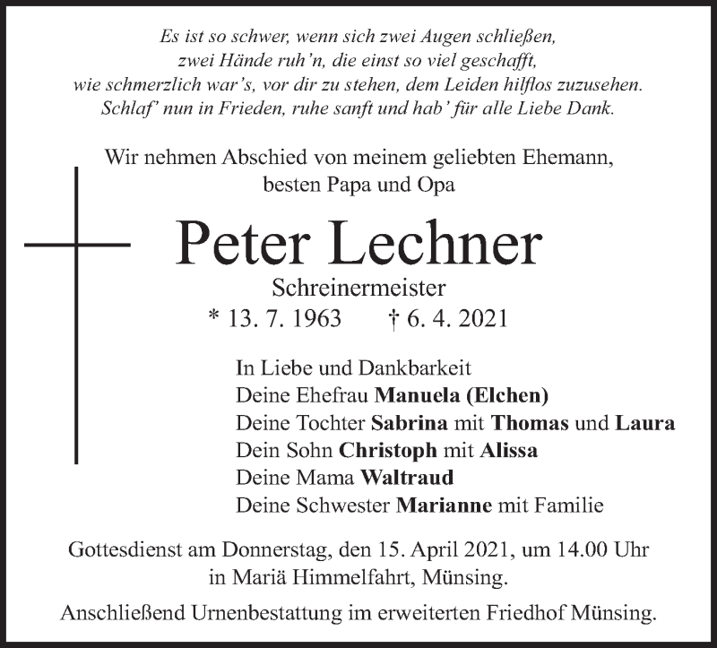  Traueranzeige für Peter Lechner vom 12.04.2021 aus merkurtz