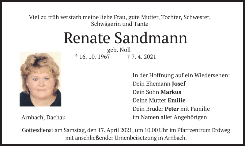  Traueranzeige für Renate Sandmann vom 15.04.2021 aus merkurtz
