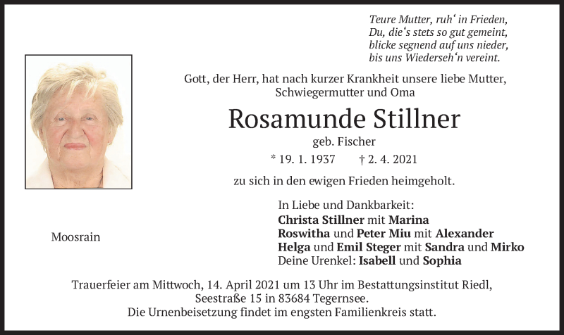  Traueranzeige für Rosamunde Stillner vom 10.04.2021 aus merkurtz