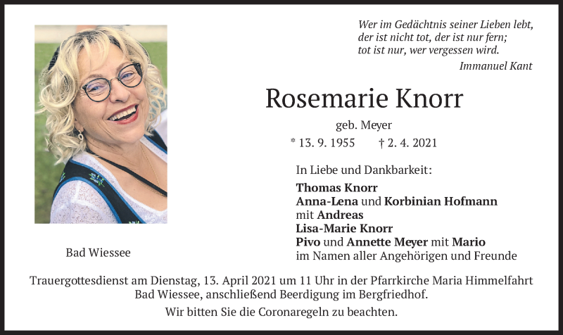  Traueranzeige für Rosemarie Knorr vom 10.04.2021 aus merkurtz