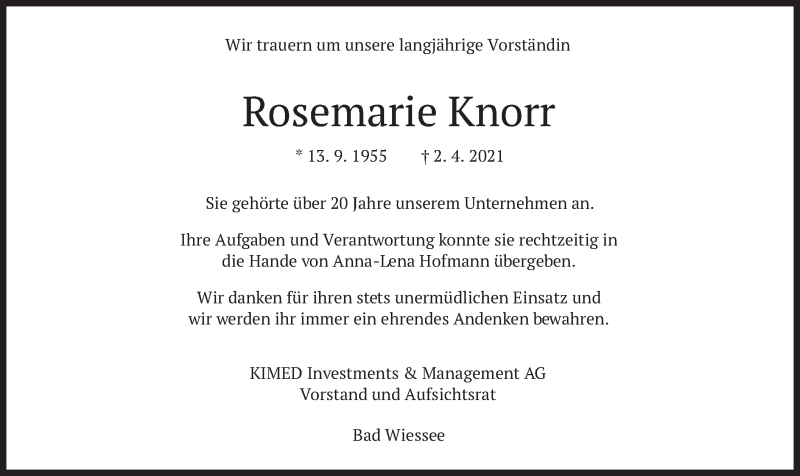  Traueranzeige für Rosemarie Knorr vom 10.04.2021 aus merkurtz