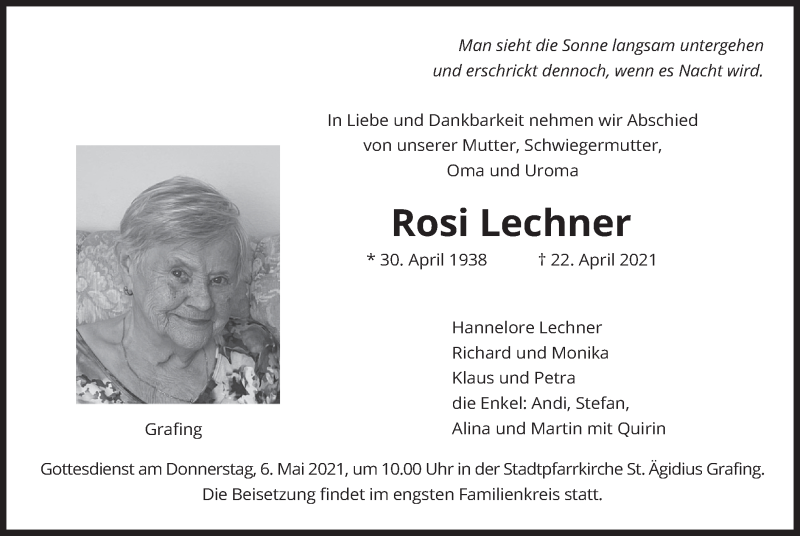  Traueranzeige für Rosi Lechner vom 29.04.2021 aus merkurtz