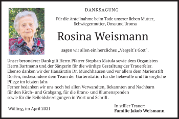 Traueranzeige von Rosina Weismann von merkurtz