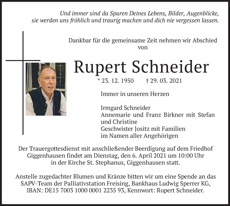  Traueranzeige für Rupert Schneider vom 01.04.2021 aus merkurtz