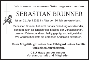 Traueranzeige von Sebastian Brunner von merkurtz
