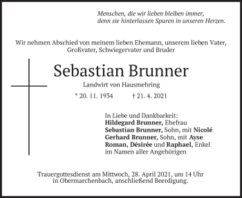 Traueranzeige von Sebastian Brunner von merkurtz