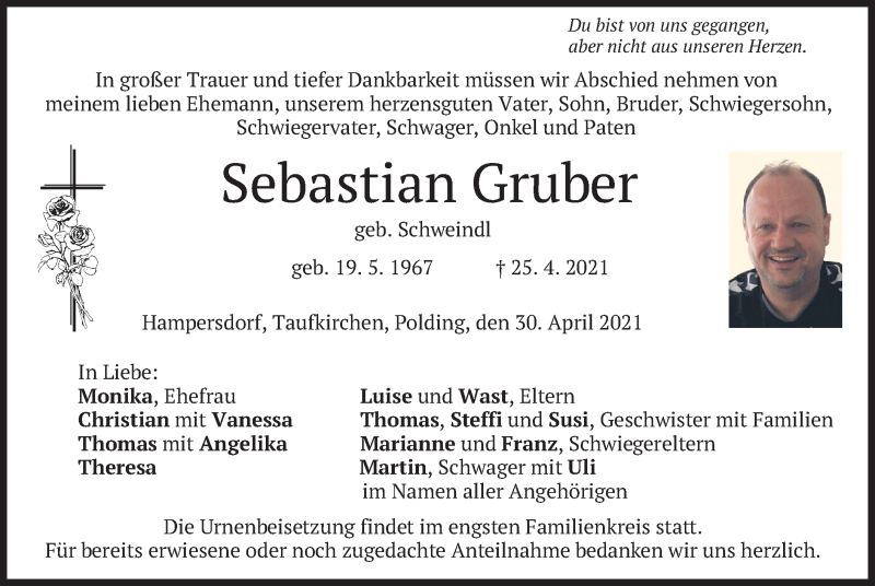  Traueranzeige für Sebastian Gruber vom 30.04.2021 aus merkurtz