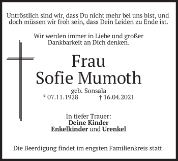Traueranzeige von Sofie Mumoth von merkurtz
