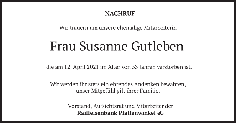 Traueranzeige für Susanne Gutleben vom 21.04.2021 aus merkurtz