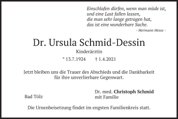 Traueranzeige von Ursula Schmid-Dessin von merkurtz