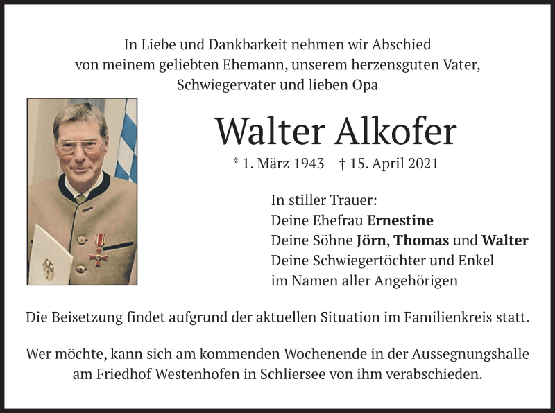  Traueranzeige für Walter Alkofer vom 19.04.2021 aus merkurtz