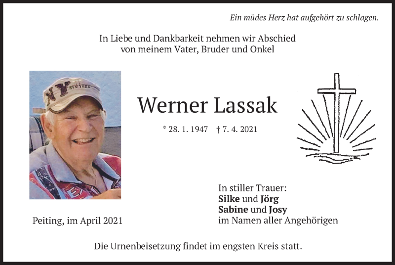  Traueranzeige für Werner Lassak vom 13.04.2021 aus merkurtz