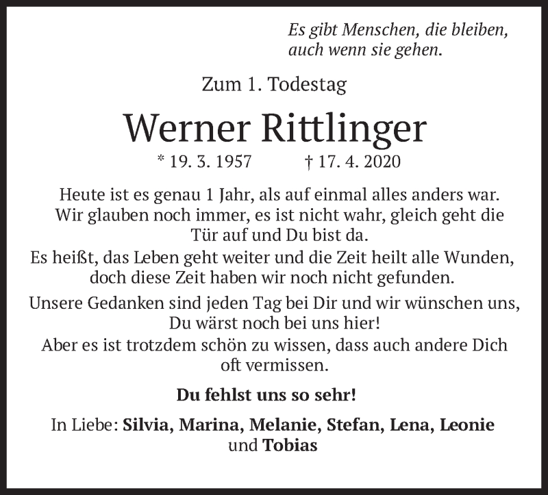  Traueranzeige für Werner Rittlinger vom 17.04.2021 aus merkurtz