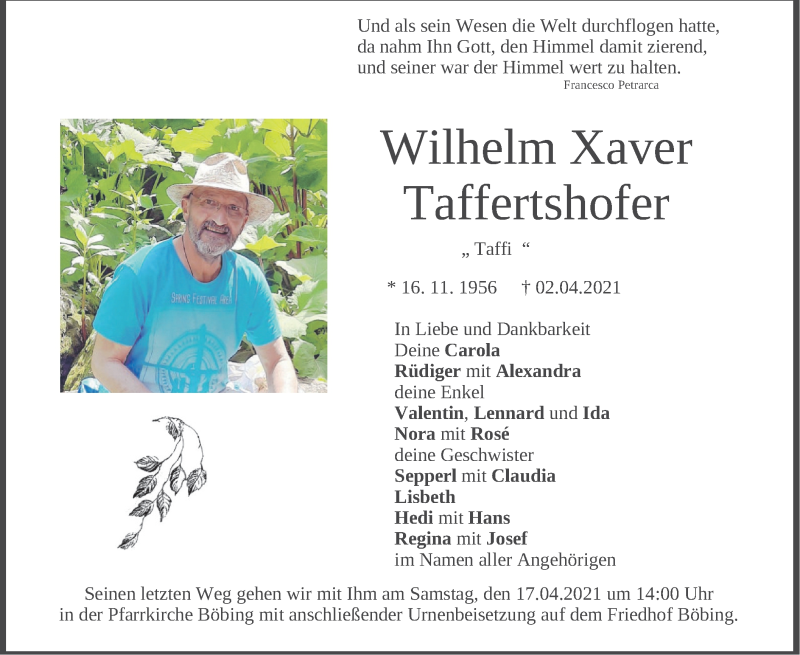  Traueranzeige für Wilhelm Xaver Taffertshofer vom 14.04.2021 aus merkurtz