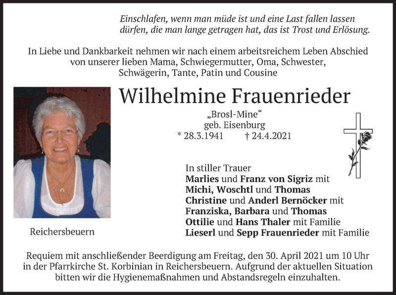  Traueranzeige für Wilhelmine Frauenrieder vom 28.04.2021 aus merkurtz