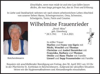 Traueranzeige von Wilhelmine Frauenrieder von merkurtz