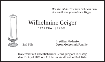 Traueranzeige von Wilhelmine Geiger von merkurtz