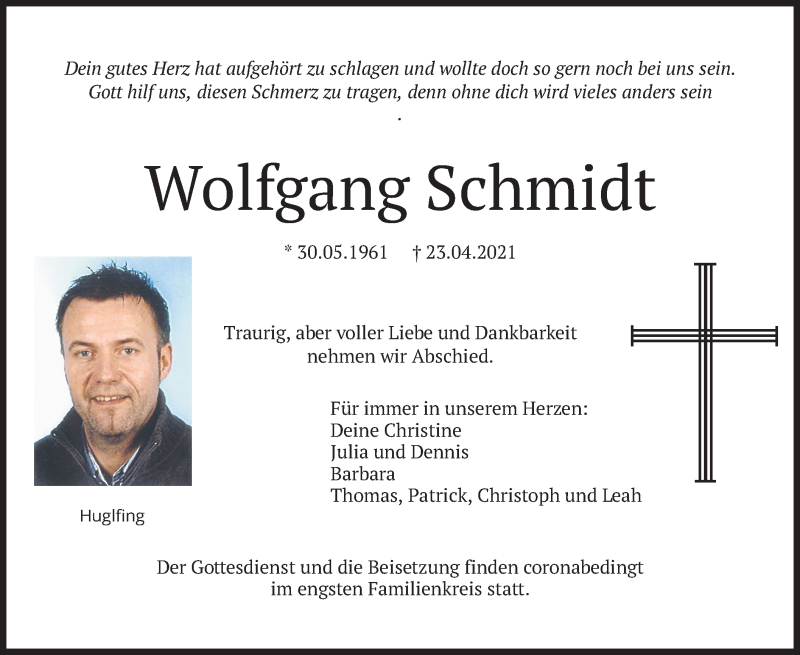  Traueranzeige für Wolfgang Schmidt vom 28.04.2021 aus merkurtz