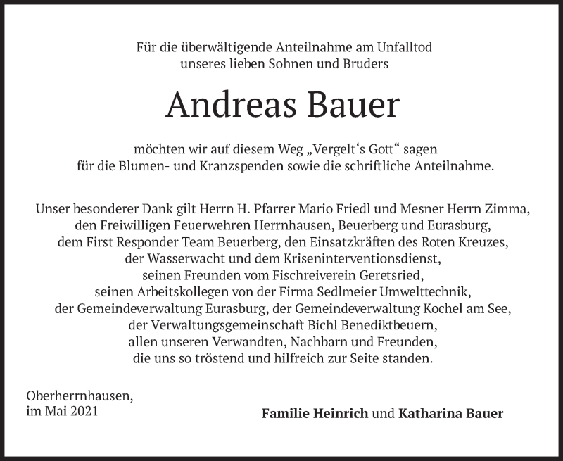  Traueranzeige für Andreas Bauer vom 08.05.2021 aus merkurtz