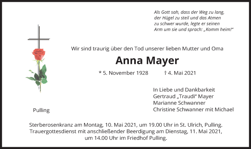  Traueranzeige für Anna Mayer vom 08.05.2021 aus merkurtz