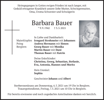 Traueranzeige von Barbara Bauer von merkurtz
