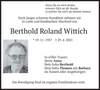 Traueranzeige von Berthold Roland Wittich von merkurtz