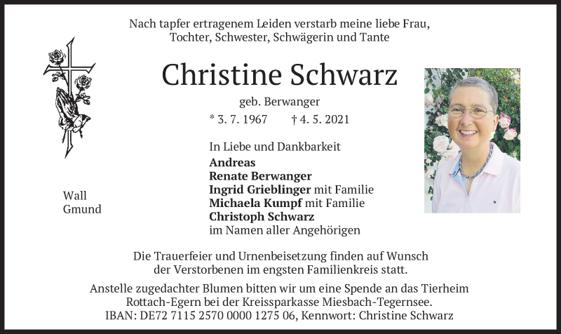  Traueranzeige für Christine Schwarz vom 08.05.2021 aus merkurtz