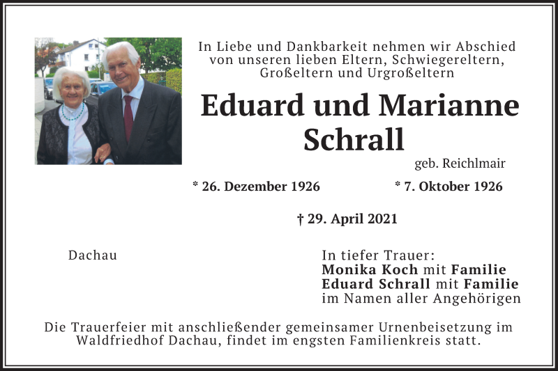  Traueranzeige für Eduard und Marianne Schrall vom 05.05.2021 aus merkurtz
