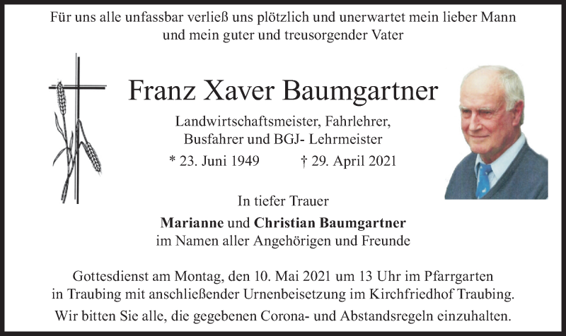  Traueranzeige für Franz Xaver Baumgartner vom 05.05.2021 aus merkurtz