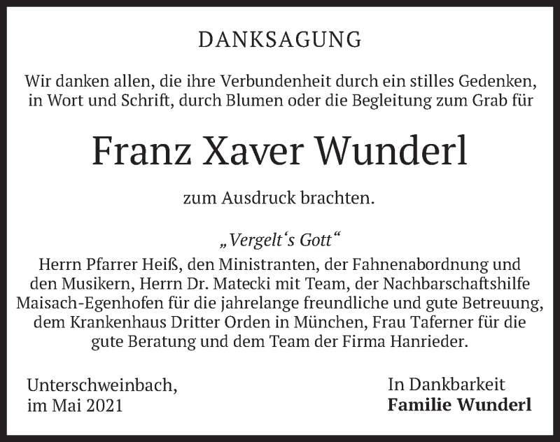  Traueranzeige für Franz Xaver Wunderl vom 08.05.2021 aus merkurtz