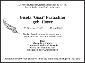 Traueranzeige von Gisela Pratschler von merkurtz